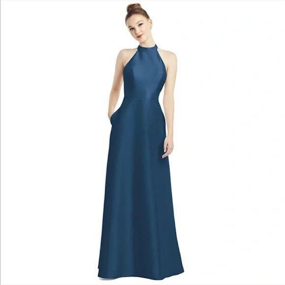 Alfred Sung Dusk Blue Bridesmaid Full Length Sateen High Neck Twill Dress -  8
